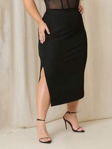 Lele Munniz Plus Size Women's High Elastic Black Skirt,Autumn Smart Casual Everyday Fashion High Slit Basic Versatile Minimalist Old Money Style Summer - Black - View 7