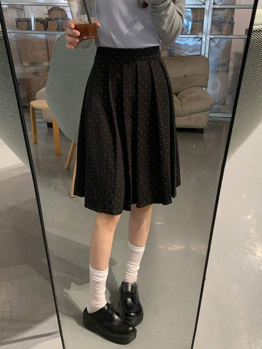 DAZY Rok Wanita Motif Polkadot Gaya Korea untuk Musim Semi/Panas - Hitam - View 1