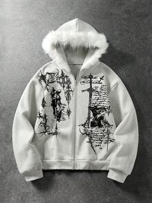 ROMWE MEN Goth 男士復古天使印花街頭風毛絨帽衛衣 - 灰色 - 查看 1