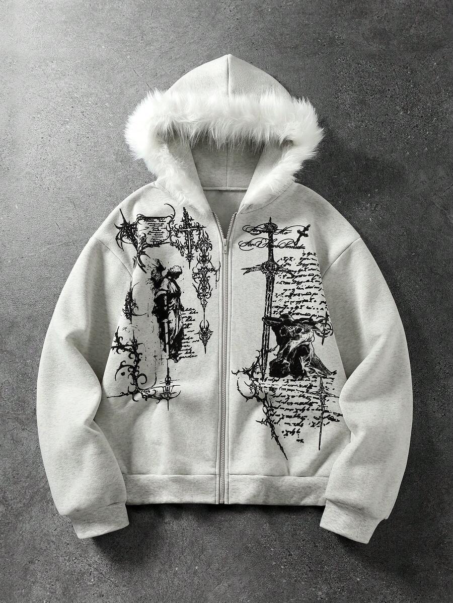 ROMWE MEN Goth 男士復古天使印花街頭風毛絨帽衛衣 - 灰色 - 查看 1