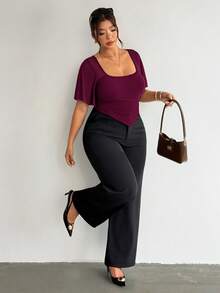 Firerie Plus Size Summer Elegant Solid Color Asymmetrical Hem T-Shirt - Burgundy - View 8