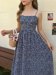 SHEIN Tween Girl Navy Ditsy Floral Dress, Suitable For Vacation, Teenage, Casual Wear - Blue and White - View 1