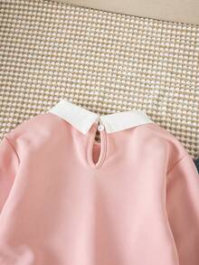 SHEIN 女童新款假兩件式衛衣襯衫，翻領寬鬆版型 - 藕粉色 - 查看 4