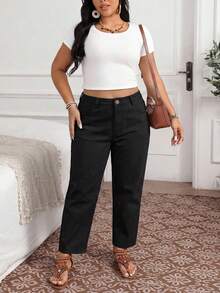 EMERY ROSE Plus Size Casual Pockets Button Versatile Daily Wear Denim Jeans Holiday Vacation Black Summer - Black - View 3