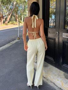 AmyJordy 2pcs Women Blue & White Striped Suit: Cotton Deep V-Neck Backless Halter Top And High Waist Drawstring Wide Leg Pants, Spring/Summer Elegant - Yellow - View 2
