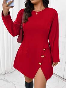SHEIN Frenchy Elegant Minimalist Red Metal Buckle Waist A-Line Plus Size Dress, Suitable For Office, Commute, Party, Gathering, New Year, Christmas Fall - Red - View 3