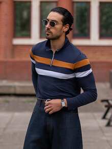 YOUESAWY YOUESAWY Men Color Block Quarter Zip Collar Work Casual Polo Shirt For Husband, For Fall, Long Sleeve Top - Multicolor - View 6