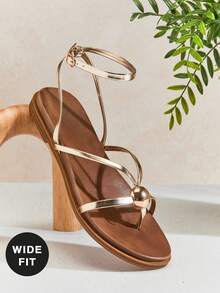 VACAZURE Women   Round Toe Wide&Cushioned Footbed Metal-Ball Decor Toe-Post Ankle Strap Metallic Pu Gold Flat Sandals – Chic, Clean & Comfortable - Gold - View 5