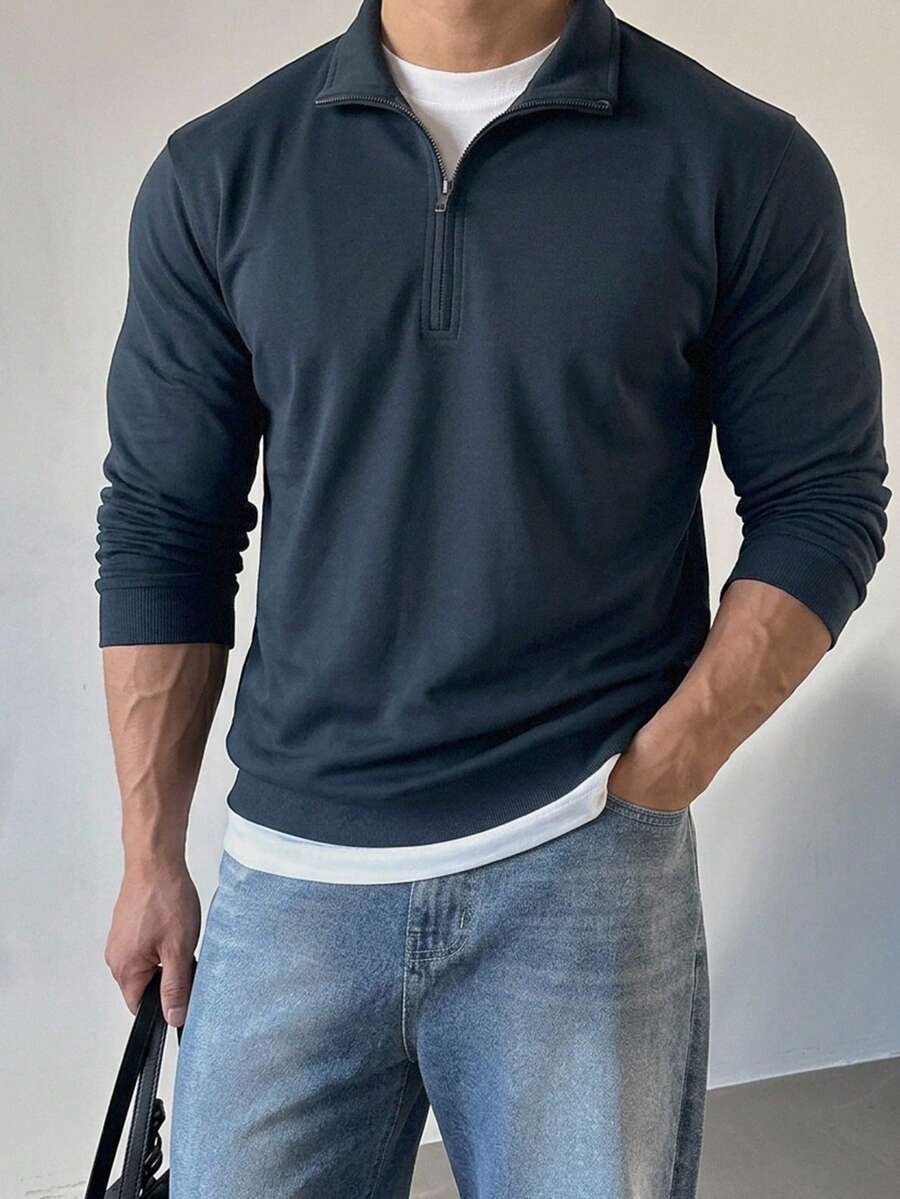 DAZY Spring/Autumn Knitted Sweatshirt Fabric Navy Blue Zipper Half-Open Pullover Pullover Sweatshirt For Men - Navy Blue - View 1