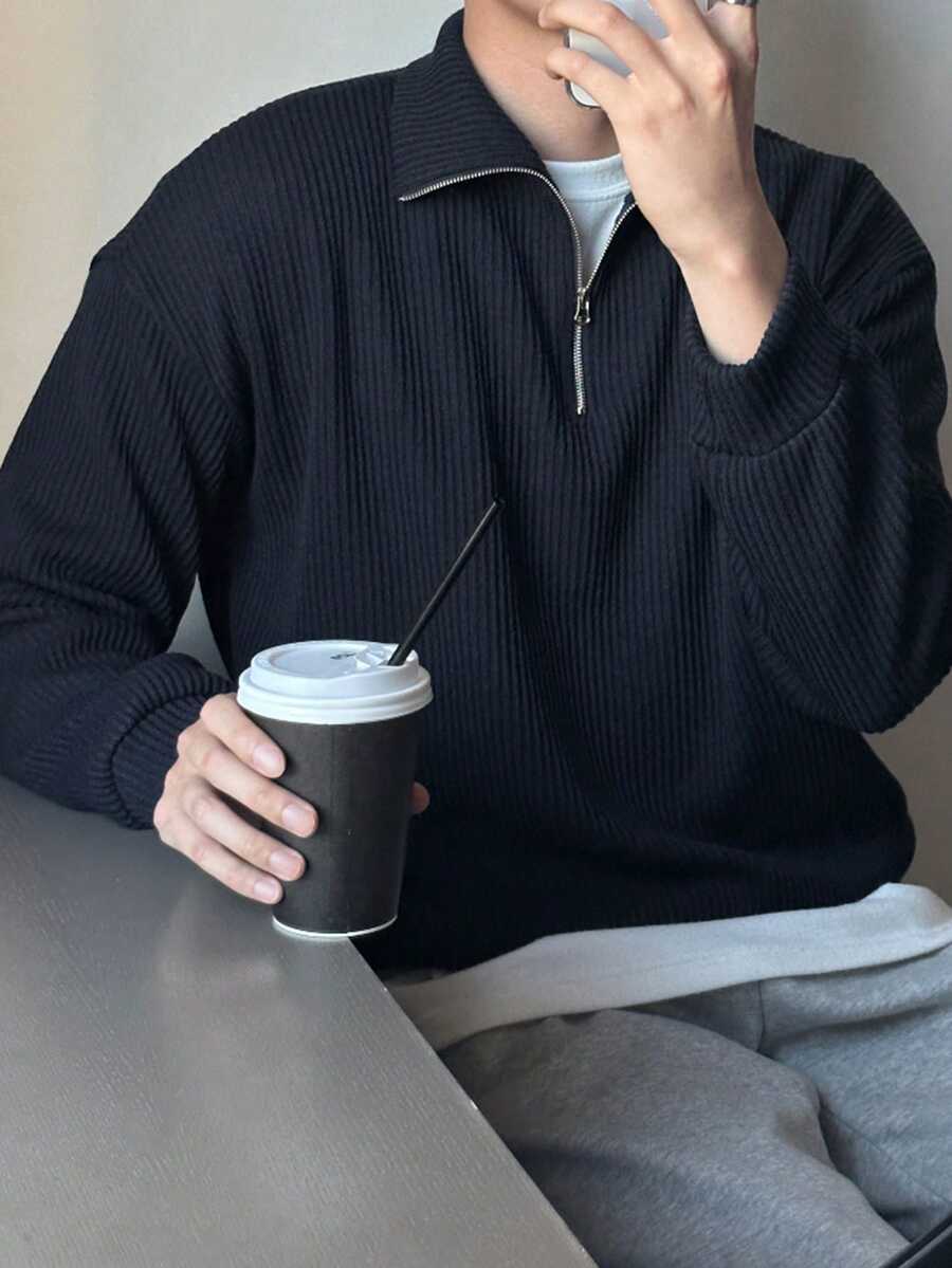 DAZY Spring/Autumn Navy Blue Half-Zip Pullover Sweatshirt With Lapel Collar And Ribbed Knit Texture Fabric For Men - Navy Blue - View 1