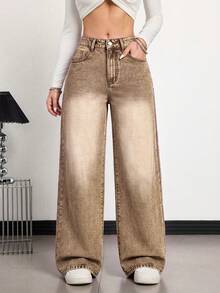 SHEIN Tall Women's High Waist Pocket Wide Leg Loose Casual Denim Jeans - Brown - View 3