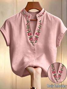 Louniche 女款夏季復古刺繡立領短袖襯衫，白色溫柔風V領花卉上衣，修身百搭通勤度假風 - 粉色 - 查看 2