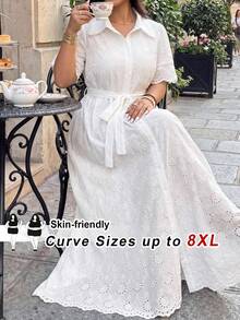 SHEIN CURVE+ 大尺碼女款休閒刺繡領開襟式花卉蕾絲飾邊洋裝，女款度假套裝，波希米亞風度假洋裝，白色洋裝，優雅波希米亞風女裝，白色畢業洋裝，白色女裝，夏季女裝 - 白色 - 查看 7