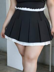 CHERRY TINTT SELECTION Plus Size Gray Patchwork Double-Layer Pleated Mini Skirt Black - Black - View 3