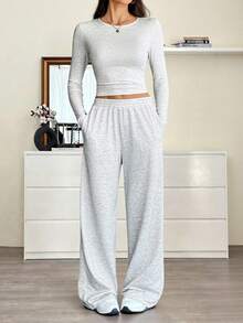 SHEIN Tall 女款秋季休閒長袖上衣與長褲兩件套 - 灰色 - 查看 9