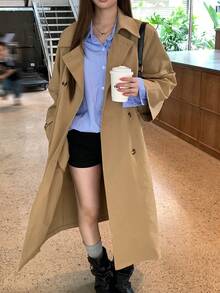 DAZY Women's Solid Color Lapel Collar Spring/Autumn Trench Coat Cute Tops Office Khaki Green French Classic - Khaki - View 10