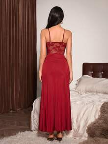 Slumberist Burgundy Lace Sexy Sheer Satin Mermaid Long Nightgown - Burgundy - View 3