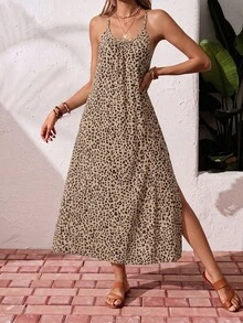 SHEIN Essnce Vestido largo para mujer casual minimalista de vacaciones bohemio elegante romántico vintage con estampado de leopardo y patrón bohemio, atuendo para ir al trabajo, festival de música, atuendo de playa, atuendo de vacaciones, atuendo de verano para mujer - Multicolor - Ver 6