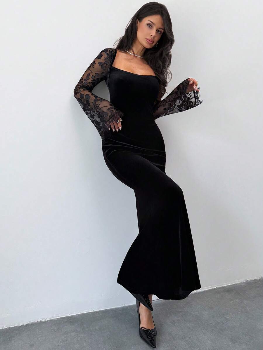 Firerie Gothic Style Sweetheart Neck Lace Flare Sleeve - Black - View 1