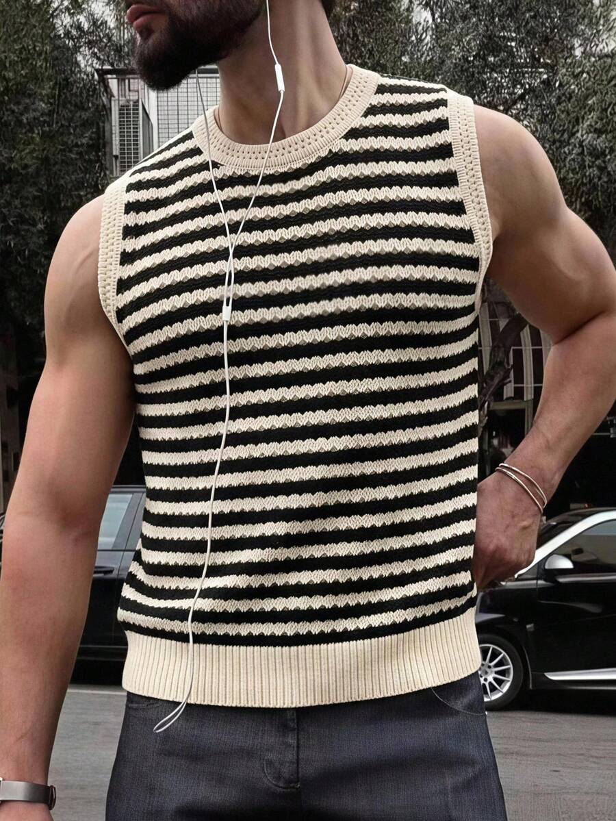 Manfinity Hypemode Men's Striped Casual Versatile Daily Wear Knitted Vest - Multicolor - View 1