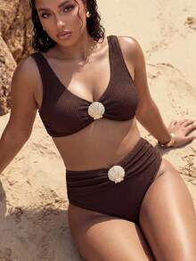 Swim Chiccia Plus Size Vacation Beach Metal Decor Swimwear Set - Brown - View 7