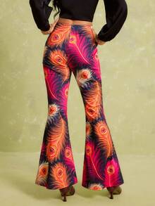 LOTSLUV Women's Early Summer Commute Party Vacation, Multicolor Base With Feather Pattern, Knitted Slim Fit Wide Leg Pants Boho 70s,Women's Pants - Multicolor - View 2