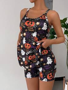 SHEIN EZwear EZwear 大尺碼骷髏與花卉印花美人魚細肩帶洋裝，Y2K 風格 - 彩色 - 查看 1