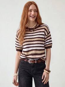 SHEIN Women's Basic Minimalist Casual Boho Fashion Vacation Brown Striped Colorblock Short Sleeve Knit Top Vacation Autumn - Brown - View 2