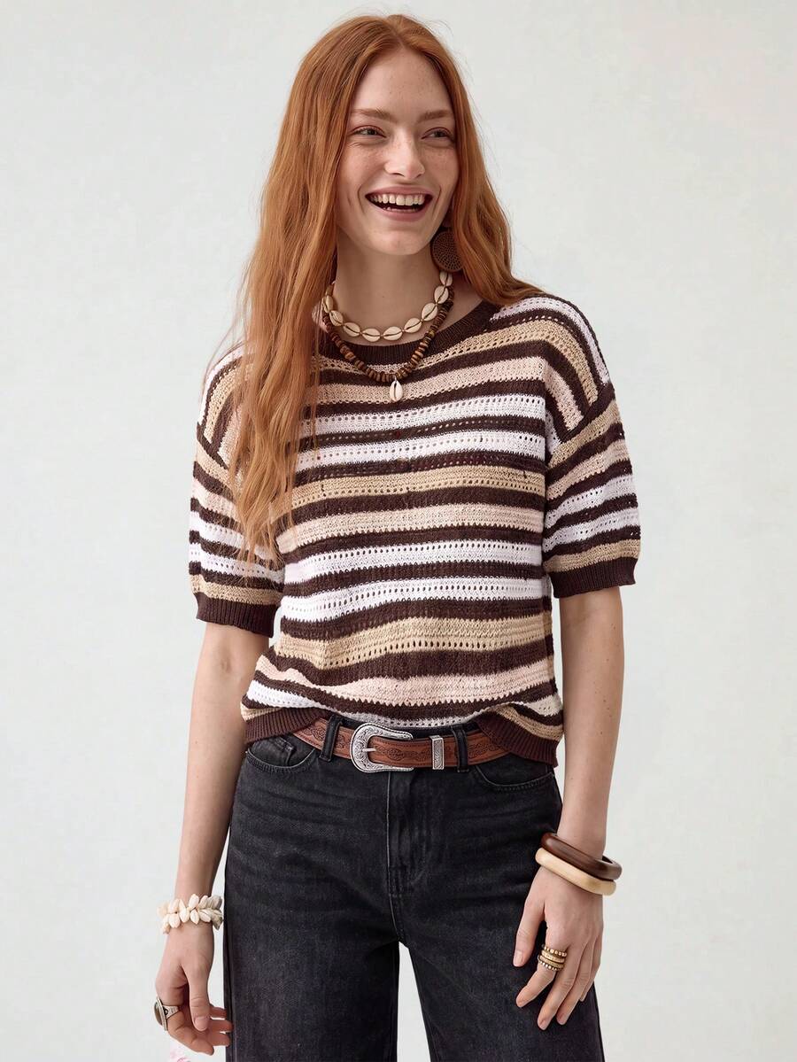 SHEIN Women's Basic Minimalist Casual Boho Fashion Vacation Brown Striped Colorblock Short Sleeve Knit Top Vacation Autumn