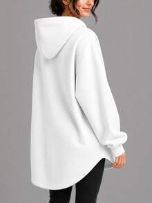 INAWLY Women's Solid Color Drop Shoulder Long Sleeve Loose Drawstring Sweatshirt - White - View 2