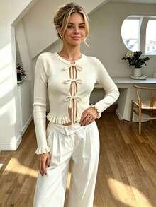Cévolie Women's Solid Color Front Tie Long Sleeve Ruffle Hem Cardigan - Beige - View 4
