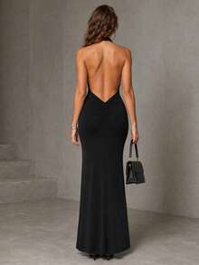 INAWLY Solva Women's Sexy Cowl Neck Pleated Fitted Draped Neck Evening Dress - Black - View 2