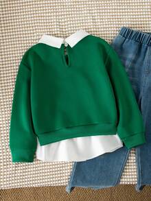 SHEIN 女童新款假兩件式衛衣襯衫，翻領寬鬆版型 - 彩色 - 查看 2