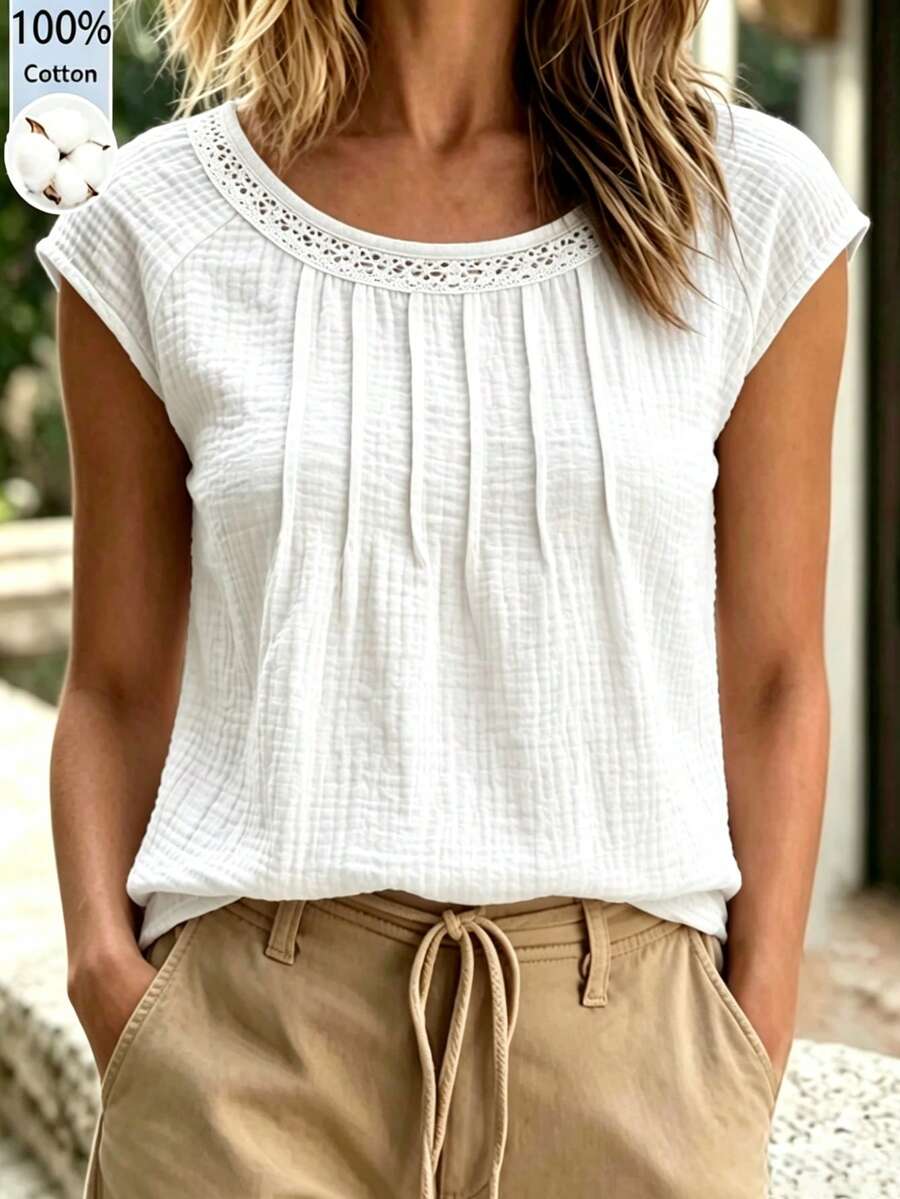 Zayélia Solid Color Minimalist Casual Boho Comfortable Hollow Design Women's Blouse Suitable For Vacation Vacation White Summer - White - View 1