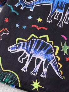 Conjunto de pijama de manga corta ajustado con estampado de dinosaurio de dibujos animados que brilla en la oscuridad para niños pequeños, patrón aleatorio - Multicolor - Ver 6