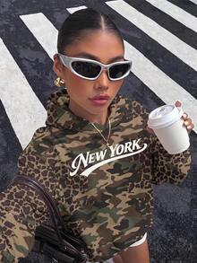 SHEIN EZwear 女款休閒運動風復古豹紋迷彩紐約運動衫 秋冬街頭穿搭 日常度假聖誕 橄欖綠淺灰色 - 彩色 - 查看 6