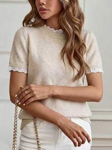 Louniche Elegant Apricot Crew Neck Lace Trim Patchwork Knit Short Sleeve Sweater, Suitable For Commute, Home, And Daily Wear, Spring/Summer - Apricot - View 7