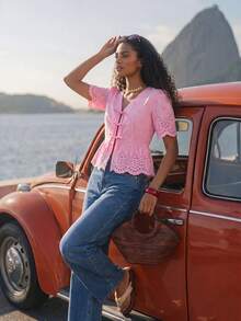 CAJUNI Vacation Casual Solid Color Hollow Embroidery Tie-Front Shirt - Pink - View 4