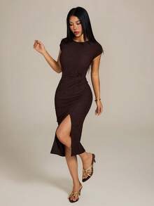 SHEIN PETITE 1件優雅腰部扭結高開衩無袖中長洋裝，休閒杏色紋理貼身洋裝，女款生日穿搭，女款健身套裝，女款婚禮賓客洋裝，女款辦公穿著，白色畢業洋裝 - 棕色 - 查看 5