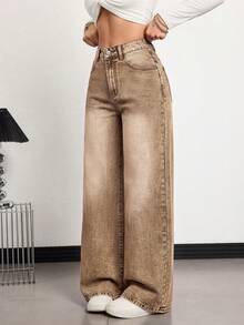 SHEIN Tall Women's High Waist Pocket Wide Leg Loose Casual Denim Jeans - Brown - View 6
