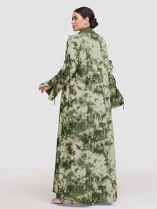 Veilorie 女士优雅扎染系带细节前开襟宽松阿拉伯长袍 - 軍綠色 - 查看 6