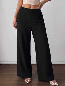 SHEIN PETITE 女款簡約休閒時尚開學季老錢風通勤高腰紋理寬腿長褲 100%純棉，適合嬌小女性 - 黑色 - 查看 4