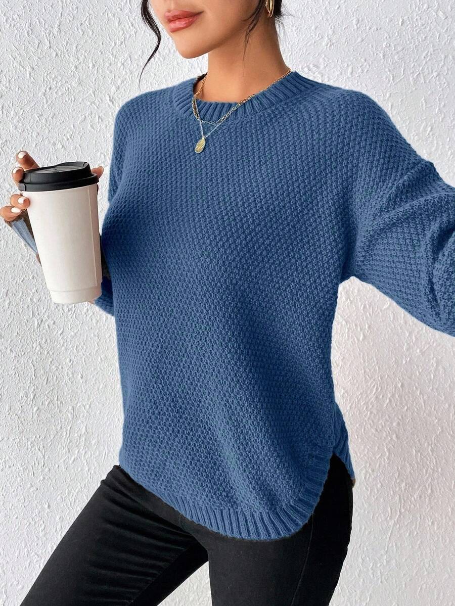 SHEIN 女款素色圓領落肩長袖休閒套頭針織衫 - Dark Blue - 查看 1