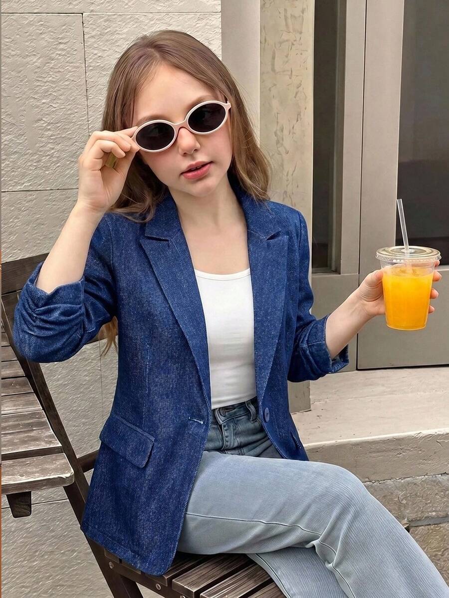 SHEIN 兒童青少年女孩優雅休閒條紋秋季外套,黑白條紋長袖西裝外套,適合日常穿著與返校穿搭 - 藍色 - 查看 1