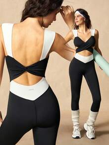 VARSIVA Women's Colorblock Criss-Cross Cutout Design Sports Jumpsuit - Black and White - View 9