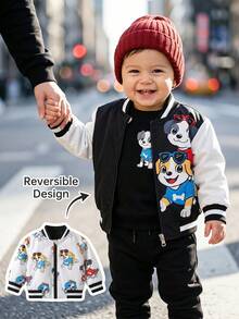 SHEIN Playful Pals Jaket Bayi Laki-laki Motif Garis Kontras, Kerah Bergaris, Gambar Kartun Beruang Lucu, Lengan Panjang, Resleting, Bolak-balik, Musim Gugur/Musim Dingin - Hitam - View 5
