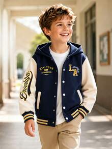 SHEIN Genkimix Kids Boys' Hooded Jacket With Front And Sleeve American Retro Yellow Letter Print Pattern Knit Sweatshirt Fabric Navy Blue And Apricot Color Block Design D - Multicolor - View 5
