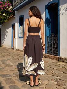 CAJUNI Chic Vacation Embroidery Golden Palm Tree Top And Skirt Coord - Brown - View 2