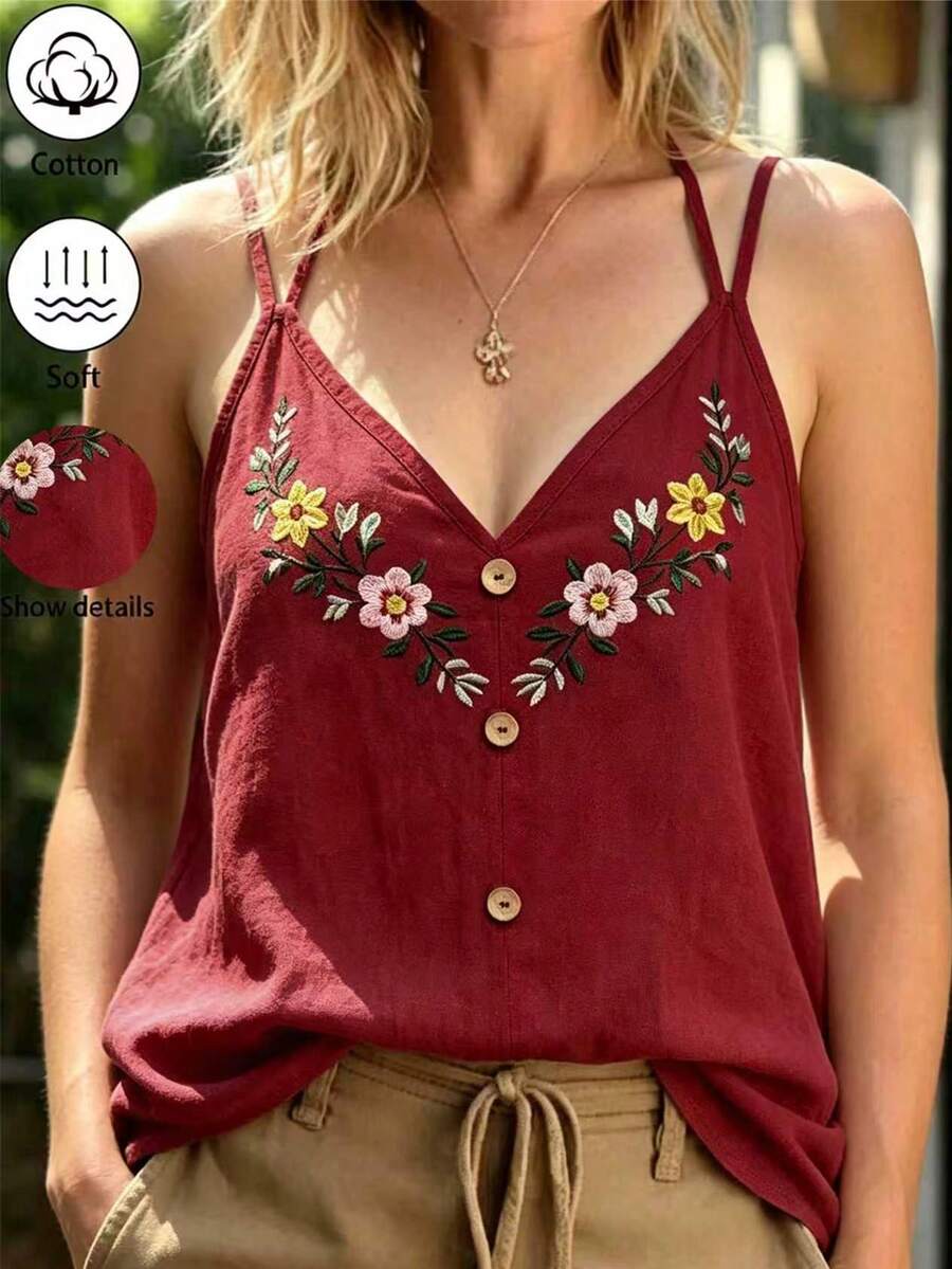 Balvessa 女款棉質刺繡V領鈕扣裝飾雙肩帶背心上衣,深紅色度假波希米亞風夏季款 - 酒紅色 - 查看 1