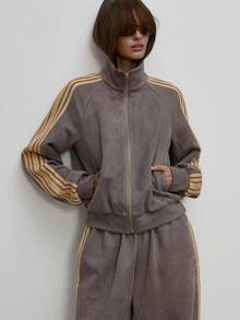 MUSERA 仿麂皮側條紋拉鍊高領運動夾克，秋季可愛日常甜美俏皮女孩風 - 灰色 - 查看 2
